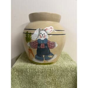 Casey Pottery Hand Painted and turned Bunny Crock Jar Lid Stoneware Vintage USA